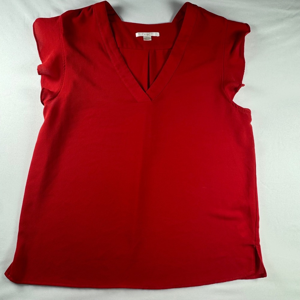 C&E Red Flutter Sleeve V-Neck Crepe Blouse XL Solid Red Top